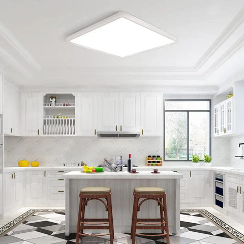 Modern kitchen with 2 Pack 12 Inch 24W LED Flush Mount Ceiling Light 5000K Daylight Square Flat Panel Fixture Delivers 3200 Lumens