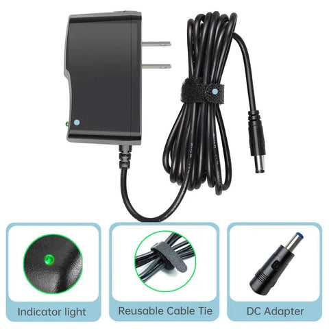 UL Listed 9V AC Power Adapter With 5.5x2.1mm Plug, 6.6ft Cord, Center Positive next to labeled features