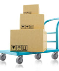 Blue flatbed cart with four boxes, supported by heavy duty steel caster with cast iron wheel for tool box and workbench.