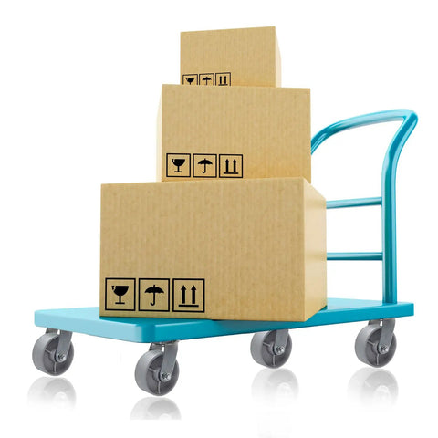Hella Tough Heavy Duty Steel Casters Rock Solid Rolling Cart Wheels For Tool Boxes And Shop Benches Set Of Four with stacked boxes on a blue cart.