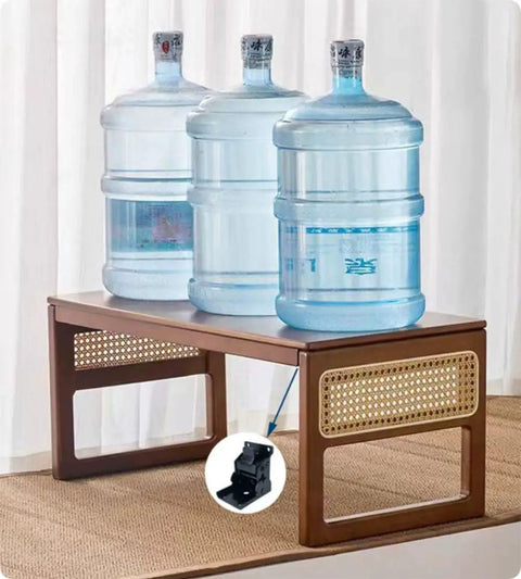 Three water jugs on a table supported by Two Pack 90 Degree Self-Locking Folding Hinge Lock Steel Foldable Bracket Hidden Hinge.