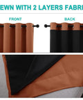 Front and back view of Burnt Orange 100 Percent Blackout Window Curtain Panel With Silver Grommets, 52 Inches Wide By 84 Inches Drop
