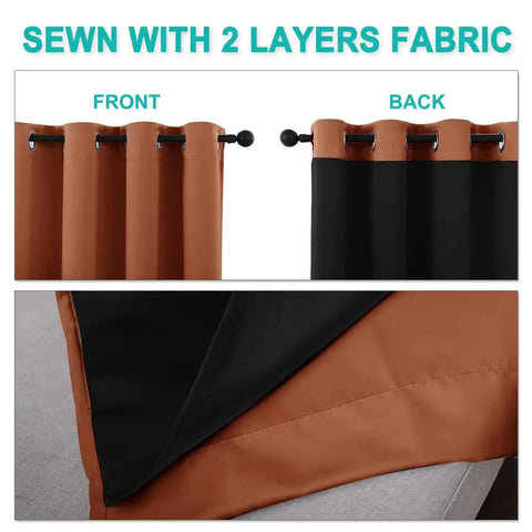 Front and back view of Burnt Orange 100 Percent Blackout Window Curtain Panel With Silver Grommets, 52 Inches Wide By 84 Inches Drop