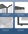 Compact 3.0 Cu Ft Upright Freezer In Silver With Moveable Shelves And A Lean Vertical Build showing 225° door angle and built-in handle.