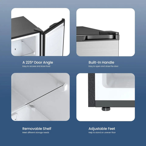 Compact 3.0 Cu Ft Upright Freezer In Silver With Moveable Shelves And A Lean Vertical Build showing 225° door angle and built-in handle.