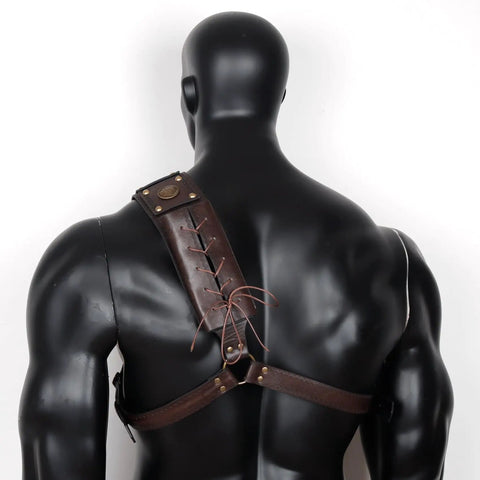 Back view of Dope Medieval Leather Sword Holster Belt With Premium Faux Leather Adjustable Frog And Shoulder Strap For Knight Cosplay