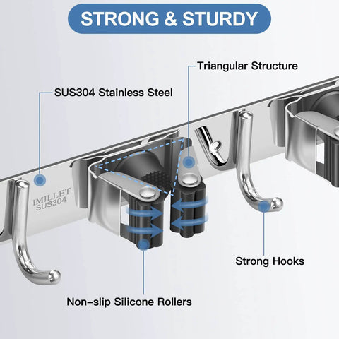 Close-up of stainless steel wall mounted broom and mop holder with five racks and four hooks, self-adhesive, heavy duty.