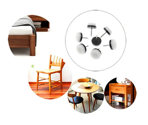 40 Pack Nail In Nylon Furniture Glides For Chairs And Tables Thickened Sliders Floor Protectors Anti Slip Noise Reducing Floor Safe For Wooden Furniture Legs 20mm 0.8in White displayed with furniture use examples.