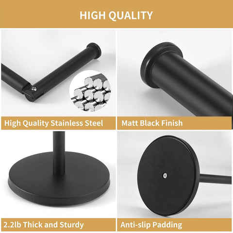 Free Standing Toilet Paper Holder With Storage in Matte Black featuring high-quality stainless steel sections and anti-slip base.