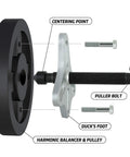 46 Piece Steering Wheel Puller Kit for Harmonic Balancers, Crank Pulleys, Gears and 4 Way Slotted Puller components diagram.