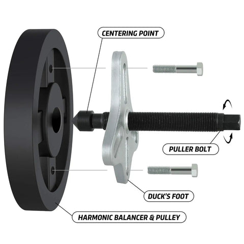 46 Piece Steering Wheel Puller Kit for Harmonic Balancers, Crank Pulleys, Gears and 4 Way Slotted Puller components diagram.