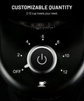 Heavy Duty Electric Conical Burr Coffee Grinder With 35 Dial In Settings And A Spacious Bean Hopper showing customizable quantity dial from 2 to 12.