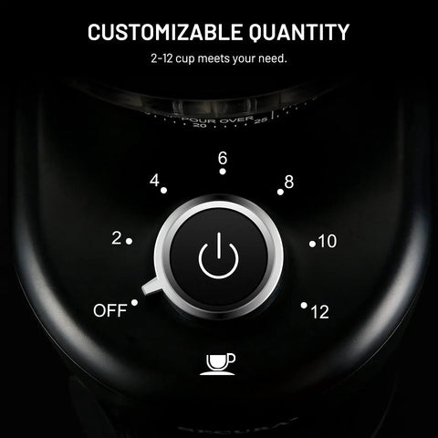 Heavy Duty Electric Conical Burr Coffee Grinder With 35 Dial In Settings And A Spacious Bean Hopper showing customizable quantity dial from 2 to 12.