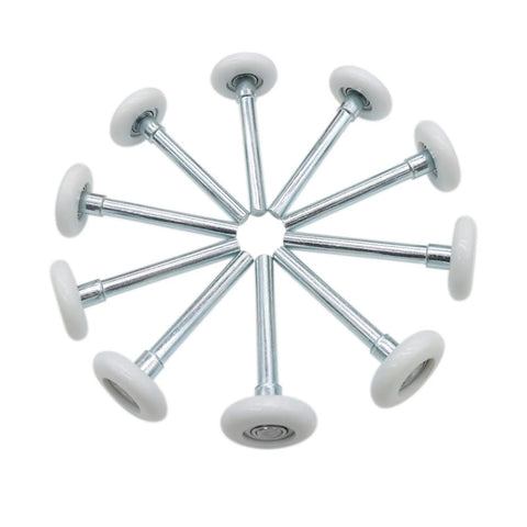 Pack of 10 Quiet White Nylon Garage Door Rollers With 1.8 Inch Wheels And 4 Inch Stems arranged in a circular pattern.