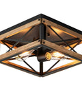 Two Light Black Rustic Wood Farmhouse Flush Mount Ceiling Light Fixture With Totally Vintage Charm Super Durable Finish And No Sweat Install For Awesome Room Style, overhead angle showing details.
