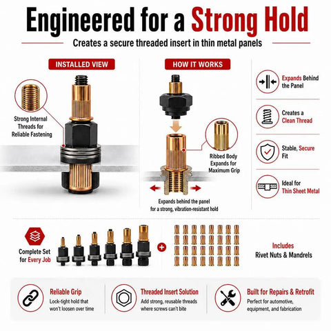 Rivet Nut Tool Kit M3 To M12, Heavy Duty Set With Carbon Steel Construction, Includes M3 To M12 threaded inserts and mandrels for metal repair