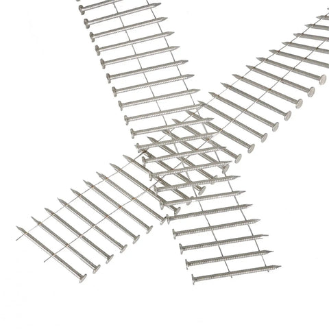 Heavy Duty 3600 Count Stainless Coil Siding Nails Two And A Half Inch Ring Shank 15 Degree Small Cap Coil Nails With Cap Warp Zero Point Zero Nine Inch Gauge For Cement Board Siding And Fencing, arranged in an overlapping pattern