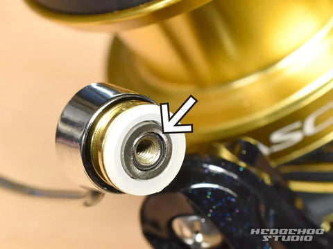 Close-up of Nexave Fi Line Roller Bearing Upgrade Kit assembly on 21 Nexave fishing reel showing detailed component view
