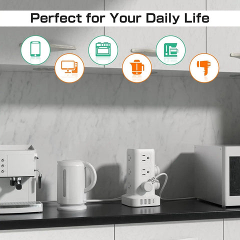 Surge Protector Power Strip With 12 Outlets And 4 USB Ports Including USB C 10ft Extension Cord Overload Protection Smart Fast Charging for kitchen appliances