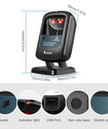 Hands Free 2D Barcode Scanner With Omnidirectional Scanning USB Wired Desktop Reader For 1D And 2D Codes Including PDF417 And Data Matrix Built For Retail Stores Supermarkets Malls And Business Use, desktop view with specifications and features highlighted