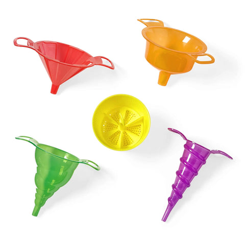Colorful funnels from Starter Science Funnels Set For Kids Hands On Science Lab Equipment Sand Sifter And Water Table Toys.