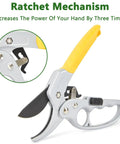 Ratcheting Pruning Shears For Gardeners Heavy Duty Garden Clippers With Sharp SK5 Steel Blade shown with yellow handle