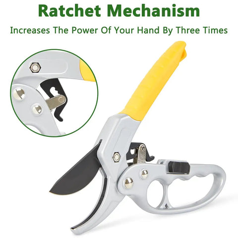 Ratcheting Pruning Shears For Gardeners Heavy Duty Garden Clippers With Sharp SK5 Steel Blade shown with yellow handle