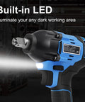Cordless Brushless Half Inch Impact Wrench with 260 ft lbs max torque 2.0Ah battery showing built-in LED in dark area