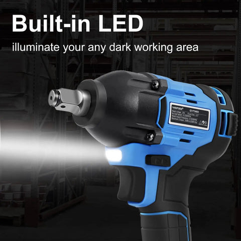 Cordless Brushless Half Inch Impact Wrench with 260 ft lbs max torque 2.0Ah battery showing built-in LED in dark area