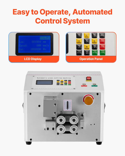 Automatic Heat Shrink Tube Cutter With Lcd Display showing operation panel for auto cutting machine, suitable for PVC PE silicone tubes.