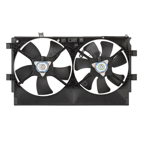 Built Tough Radiator Cooling Fan Assembly Drops Right In For Mitsubishi Lancer De Es Se Gt Gts 2008 Through 2017 showing dual fans and plastic housing.