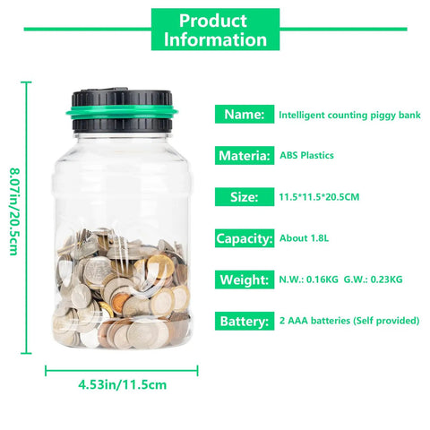 Digital Counting Piggy Bank With LCD Display For Adults 1.8L size with product details on transparent coin jar