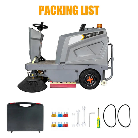Tough As Nails Ride On Floor Sweeper With A Massive 50 Inch Sweep Path Big 26 Gallon Hopper and tools for assembly and maintenance.