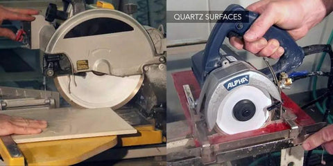Dual saws cutting tiles with 10 Inch Porcelain Tile Wet Diamond Blade For Ultra Clean Cuts On Dense Porcelain Slabs.
