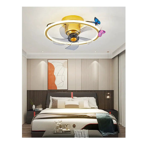 POJGVU Smart Ceiling Fans Wih Lights in modern bedroom with 360° oscillating head and decorative butterflies.