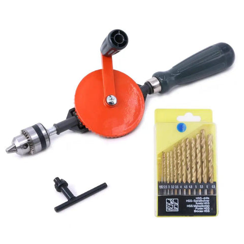 Powerful Mini Hand Drill With 1/4 Inch Capacity And 13 Piece Drill Bit Set DIY Friendly Manual Drill With Steel Double Pinions Easy Grip Handle For Wood And Plastic Projects