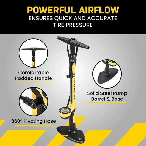High Pressure Bike Floor Pump for Precision Inflation, Steel Barrel, 160 PSI, TwinHead DX5 Pump Head, Ergonomic Handle, Long Hose