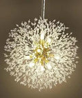 Totally Glam Modern Crystal Gold Sputnik Chandelier With A Firework Dandelion Look 12 Light Pendant Fixture, lit view.