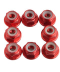 8 Fresh Red M4 Flange Lock Nuts for 1/10 Scale RC Cars featuring serrated nylon inserts and aluminum construction.