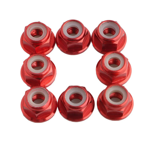 8 Fresh Red M4 Flange Lock Nuts for 1/10 Scale RC Cars featuring serrated nylon inserts and aluminum construction.