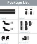 Exterior Box Rail Barn Door Hardware Kit components including 5ft black sliding track, rollers, stoppers, brackets, and caps for heavy duty support.