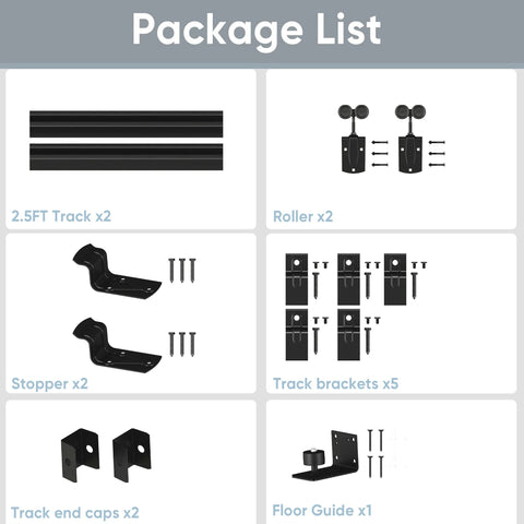 Exterior Box Rail Barn Door Hardware Kit components including 5ft black sliding track, rollers, stoppers, brackets, and caps for heavy duty support.