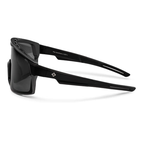 Premium Safety Glasses With Ansi Z87 Plus Impact Rating Featuring Anti Fog Vented Polycarbonate Lenses And A Lightweight Non Slip Grey Frame side view of sleek black safety glasses.