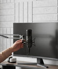 Premium Slick Self Adhesive Foam Panels 12 Pack Acoustic Wall Tiles For Soundproofing, gray tiles behind a microphone and monitor setup.