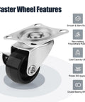 1 Inch Low Profile Swivel Caster Set Of 4 With No Noise Polypropylene Wheels For Furniture 360 Degree Top Plate Brakes 22 Lb Capacity Per Caster Durable Floor Friendly, close-up of single caster showing wheel design and top plate