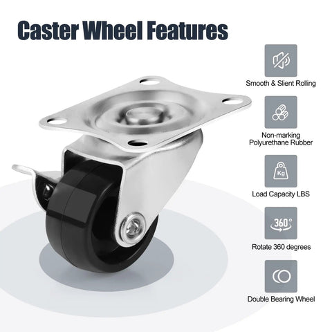 1 Inch Low Profile Swivel Caster Set Of 4 With No Noise Polypropylene Wheels For Furniture 360 Degree Top Plate Brakes 22 Lb Capacity Per Caster Durable Floor Friendly, close-up of single caster showing wheel design and top plate