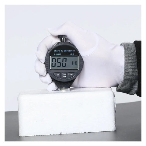 Heavy Duty Digital Durometer Hardness Tester Meter Showing Type A D C Scale measuring foam firmness with digital display.