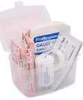 Front view of DMI 76-Piece First-Aid Kit in clear plastic case with gauze and bandages