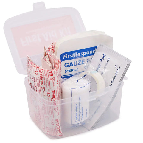Front view of DMI 76-Piece First-Aid Kit in clear plastic case with gauze and bandages