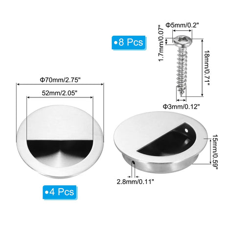 Four Pack Recessed Door Handles Round Hidden Concealed Pulls 2.75 Inch Flush Finger Pulls 304 Stainless Steel With Screws